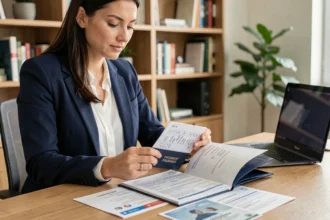 Femme vérifiant ses documents de voyage internationaux, passeport et billets d'avion, à son bureau à domicile