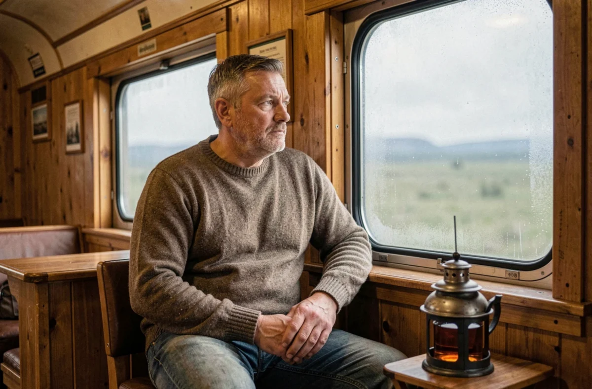 Voyageur assis dans un compartiment du Transsibérien regardant le paysage russe défiler par la fenêtre