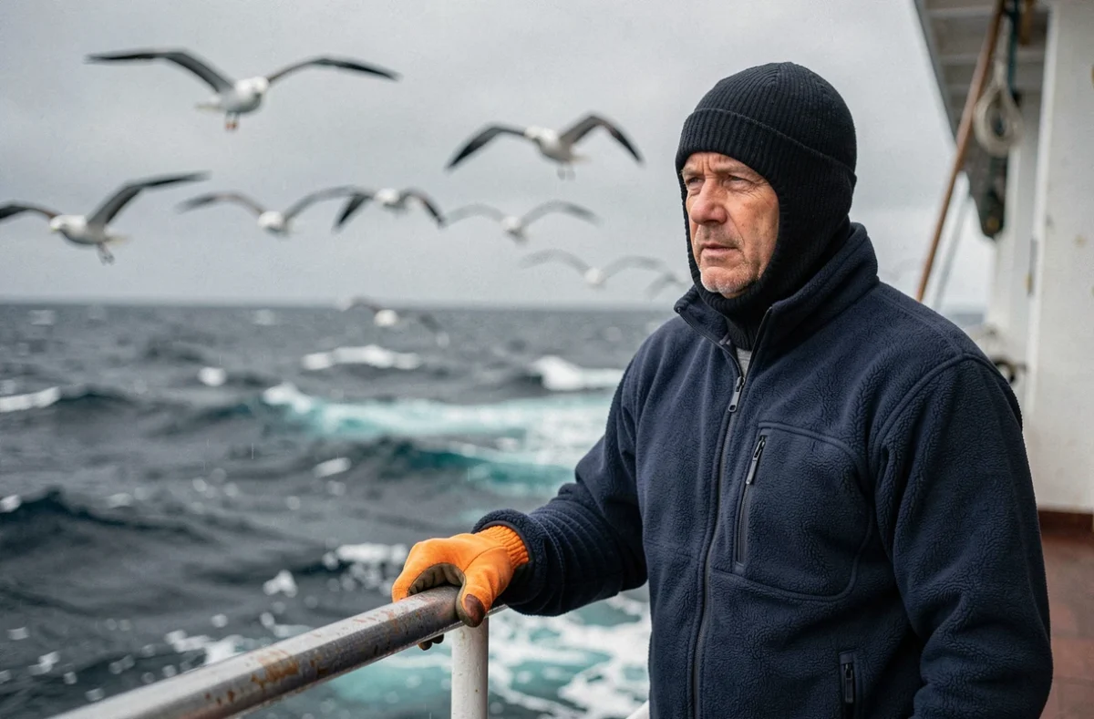 Voyageur en tenue polaire sur le pont d'un navire d'expédition traversant le passage de Drake en Antarctique