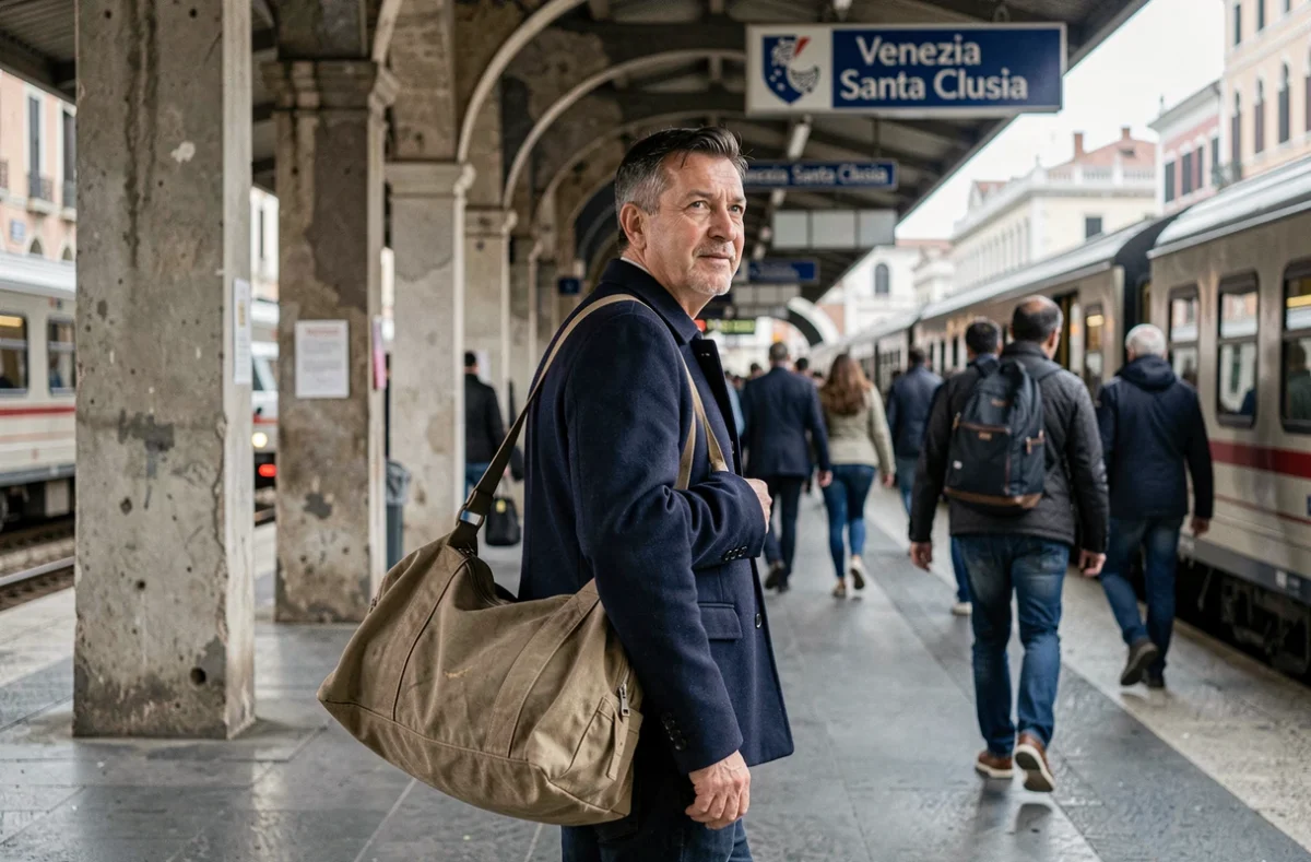 Voyageur arrivant sur le quai de la gare de Venise Santa Lucia avec un sac en toile, admirant l'atmosphère unique de la gare