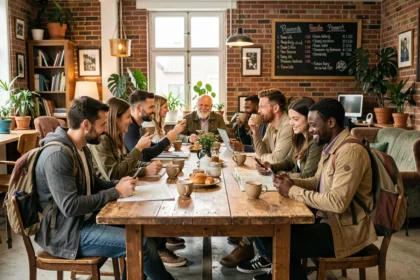 Groupe de voyageurs de différents âges et origines réunis dans le salon commun d'une auberge de jeunesse