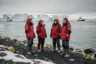 Groupe de voyageurs en équipement polaire sur le rivage rocheux de l'Antarctique face à un iceberg tabulaire
