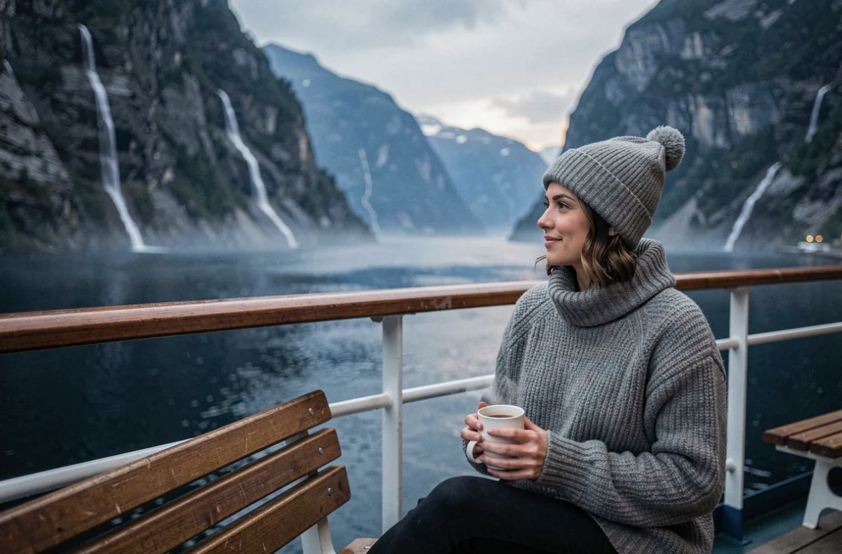 Femme voyageuse seule savourant un café sur le pont d'un bateau de croisière face au Geirangerfjord en Norvège