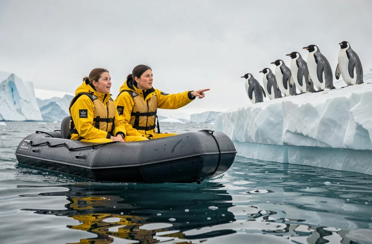 Deux voyageuses en zodiac naviguant entre des glaces flottantes avec des manchots en Antarctique